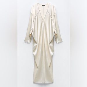 NWT ZARA SATIN DRESD WITH CONTRAST TOPSTITCHING OFF WHITE
